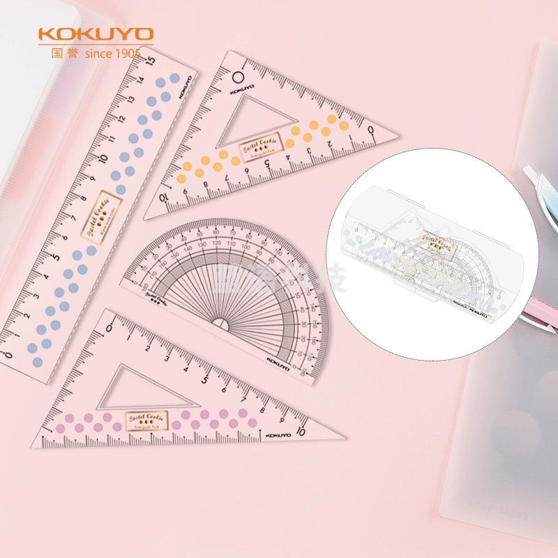 国誉（KOKUYO）淡彩曲奇学生高考三角尺套装尺子透明刻度量角器数学直尺180*80*14mm4色混装WSG-CLCA