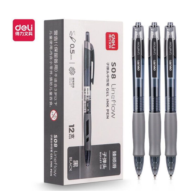 得力(deli)臻顺滑中性笔签字笔 0.5mm子弹头按动笔水笔 黑色 12支/盒S08