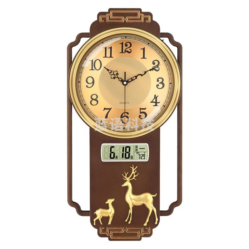 康巴丝 新中式挂钟石英钟表 檀木纹色（电波机芯自动对时） 64*32厘米