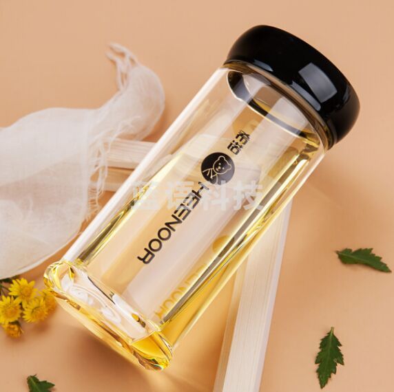 希诺XN-6007矮胖型390ML单层玻璃杯 耐热加厚大容量男女士高档车载泡茶杯带盖水杯子