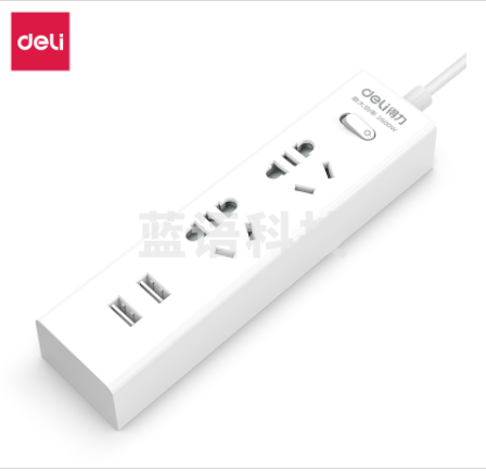得力18216插座_2组+2U_1.8米_彩盒装(白) 5只/组