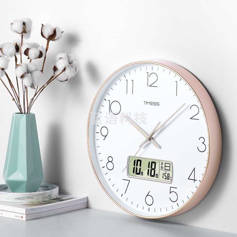 Timess液晶显示万年历挂钟客厅卧室圆形钟表家用免打孔时钟时尚创意简约扫秒机芯石英钟 P26-2金边白面35厘米