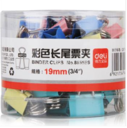 得力8555ES彩色长尾票夹筒装(混)(40只/筒)