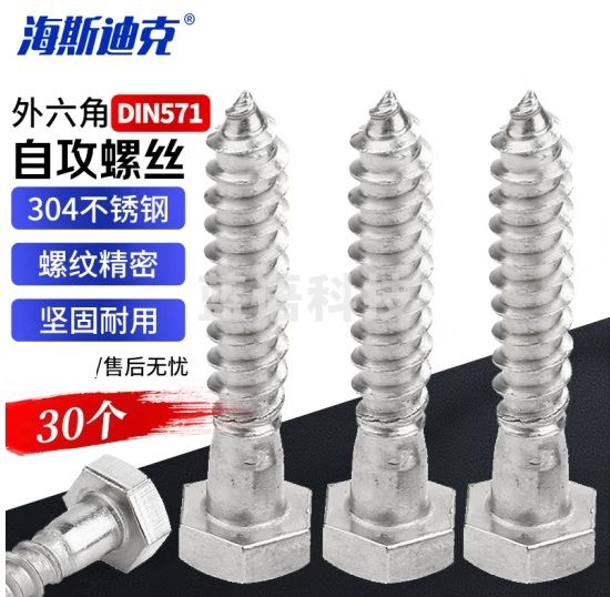 海斯迪克 HKLJ-36 304不锈钢外六角头自攻木牙螺丝钉 DIN571 6*45（30个）