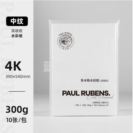 鲁本斯（Paul Rubens）高吸收水彩纸 全棉浆加厚4k中粗纹300g 学院级素描纸美术水粉颜料图画纸本10张/包