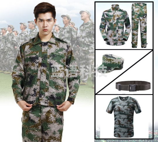 军训服全套男女学生夏季薄款迷彩军训服迷彩套装大学生军训服套装 绿格套装+T恤+帽子+腰带