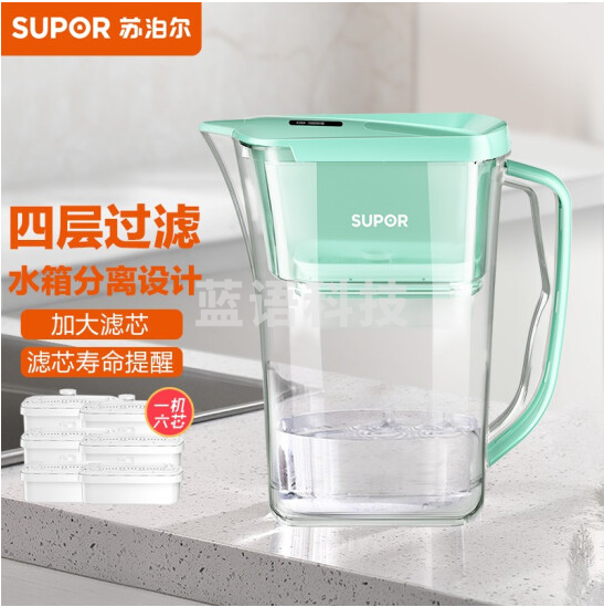 苏泊尔（SUPOR）J-UF01 过滤净水器 家用滤水壶 自来水过滤器净水壶 （绿色）一壶六芯