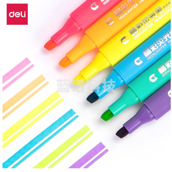 得力 (deli)6色荧光笔考试复习重点标记笔 手帐可用水性记号笔6支/盒33111