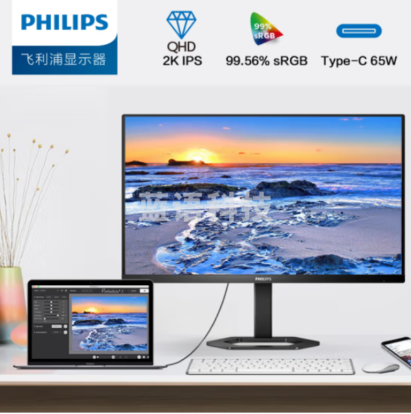 飞利浦24E1N5600E 23.8英寸 2K IPS Type-C65W 低蓝光 网课 旋转升降 高清设计 办公显示器 娱乐显示屏