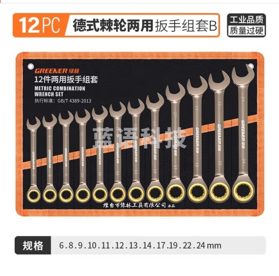 绿林（GREENER）双向快速梅花棘轮扳手工业级小开口两用扳手自动五金工具套装12pc
