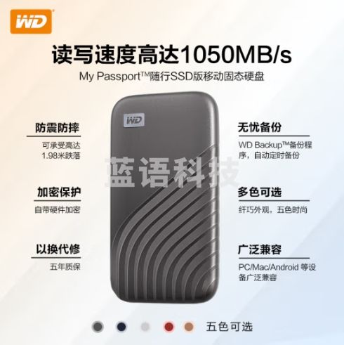 西部数据(WD) 500GB NVMe 移动固态硬盘（PSSD）My Passport随行SSD版 深空灰 防摔 加密 自动备份 Type-C  WDBAGF5000AGY-CESN