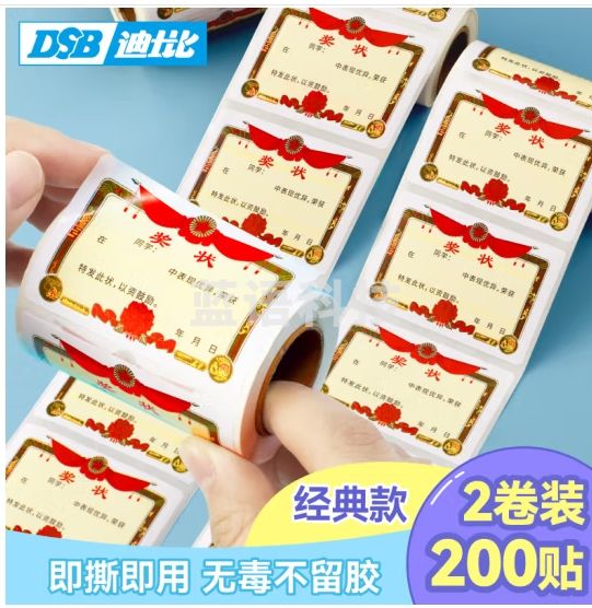 DSB（迪士比）迷你小奖状贴纸定制小学生幼儿园小朋友儿童奖励表扬贴纸儿童节 复古款/2卷200贴 RS-201