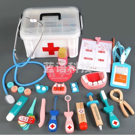 赟娅儿童听诊器医生过家家玩具科普护士听筒宝宝扮演看病木质玩具套装 医生医疗箱玩具28套装