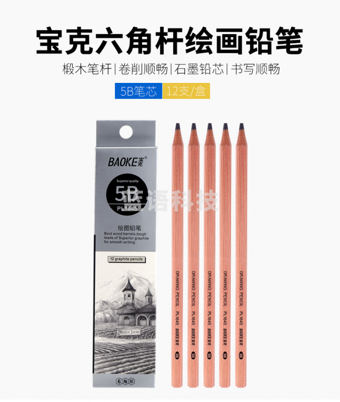 宝克（BAOKE）PL1645 绘图铅笔学生铅笔 美术绘画素描铅笔 多灰度 5B 12支