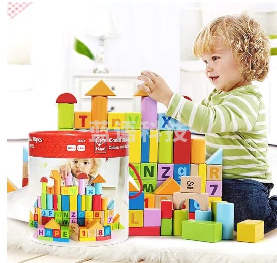 Hape（德国）木质大颗粒积木 儿童玩具字母数字启蒙早教积木 80粒积木【桶装】E8402