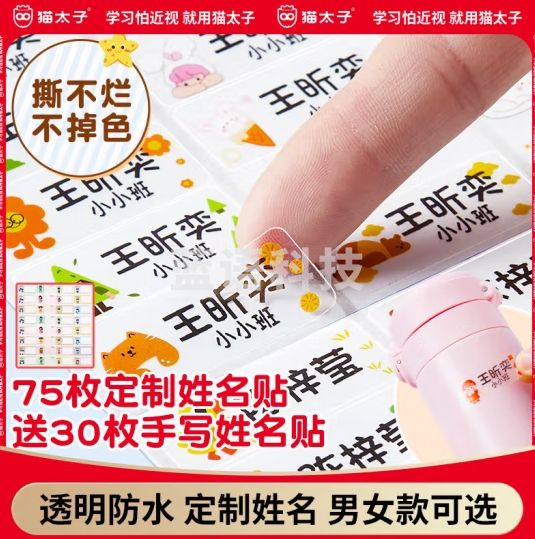猫太子透明宝宝幼儿园姓名贴纸名字贴防水儿童定制刺绣可缝衣服小学生专用防撕免缝标签贴 男女生款