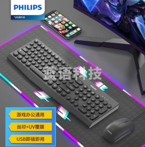 飞利浦（PHILIPS）SPT6313 键鼠套装有线 办公台式电脑笔记本外接手托键盘鼠标套装有线 黑色