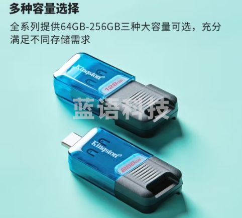 金士顿（Kingston）256GB USB3.2 Gen1 DT80M Type-C 大容量手机U盘 读速200MB/s 滑盖设计 DT80M/256GB