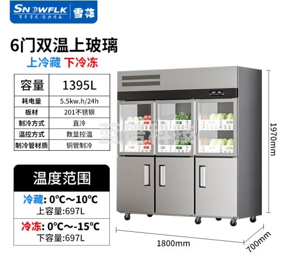 雪花（SNOWFLK）六门冰箱商用冰柜立式厨房冰箱玻璃门双温冷藏冷冻不锈钢冷柜 工程款-1395/六门展示柜