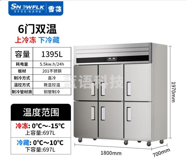 雪花（SNOWFLK）六门冰箱商用冰柜立式不锈钢厨房冰箱冷柜双温冷藏冷冻大容量 标准款-1395/六门上冷冻