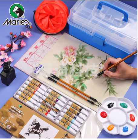 马利(Marie's)国画颜料盒装18色12ml 水墨画山水画套装 毛笔墨汁水桶笔架调色盘毛毡生宣工具箱国画颜料套装