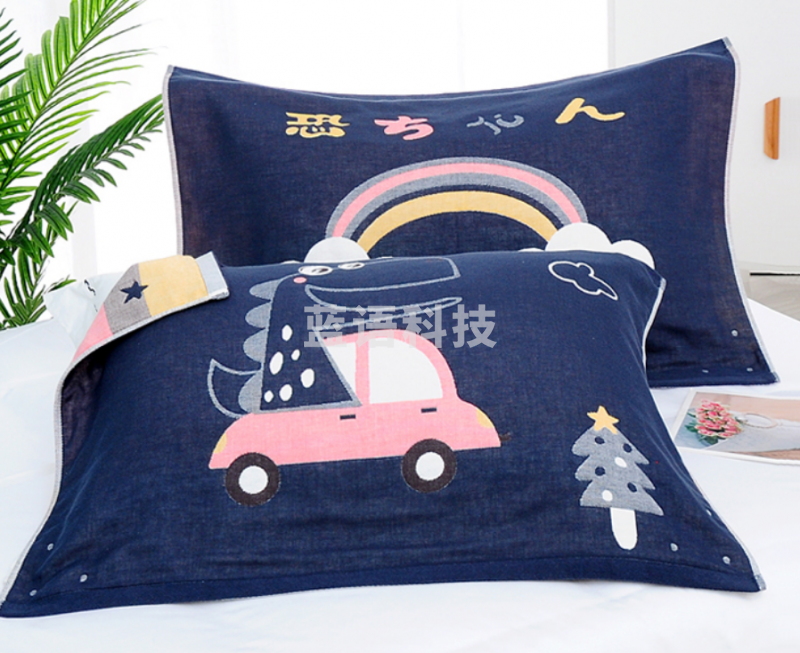 沐凡 枕巾纯棉加大加厚 四层纱布枕巾 彩虹车78*53cm（对）