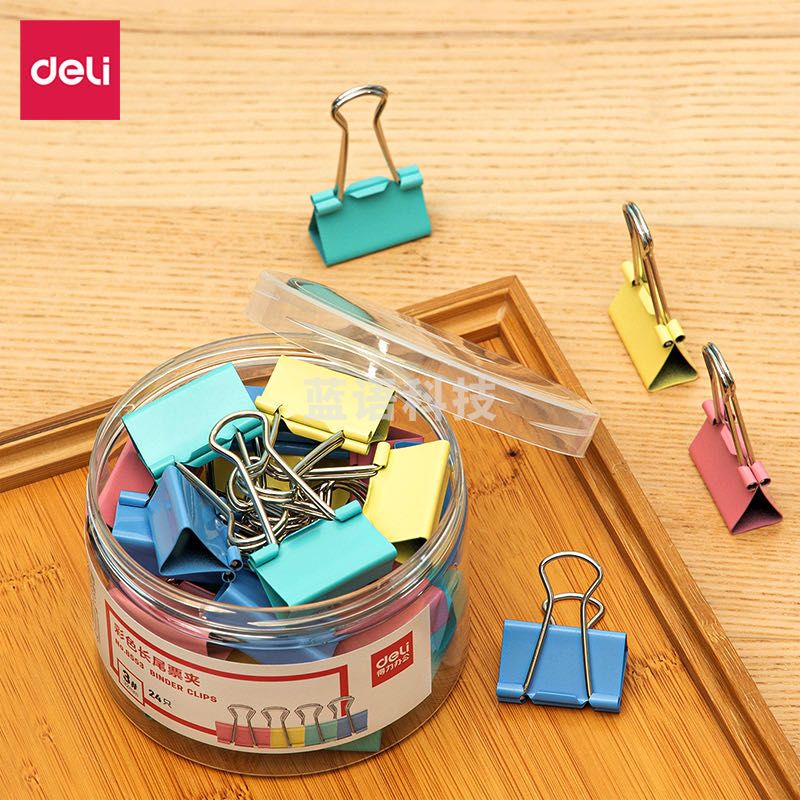 得力8553-3#彩色长尾票夹32mm筒装(混)(24只/筒)