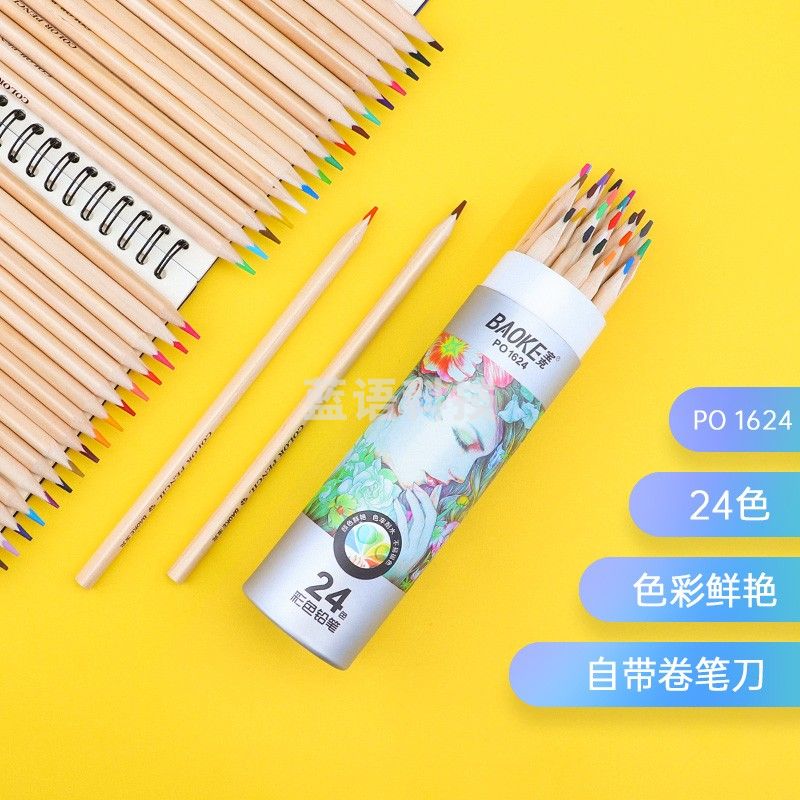 宝克（BAOKE） 三角杆彩色铅笔套装 原木学生绘画艺术写生彩色铅笔儿童涂色彩笔绘画画笔套装美术用品 24色/24支/筒  PO1624