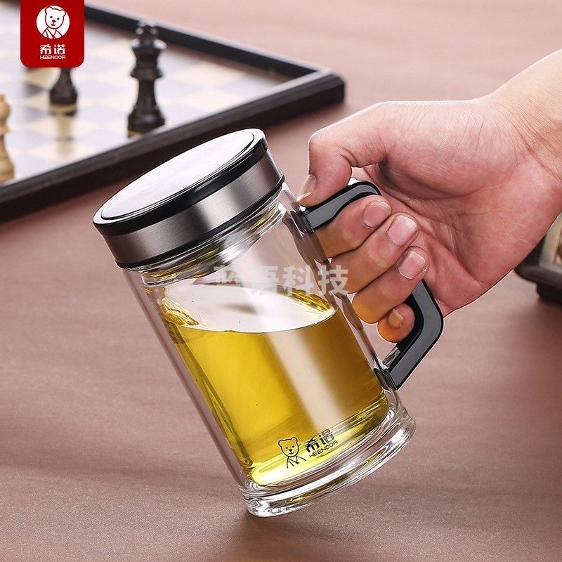 希诺(HEENOOR) XN-7006 双层玻璃杯带手柄商务办公室泡茶杯过滤网透明杯420ml