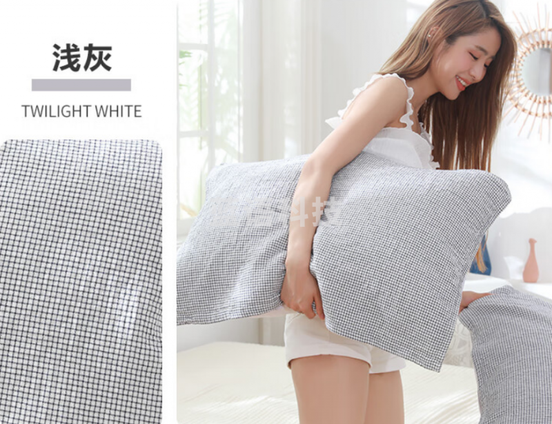 沐凡 纯棉枕巾一对装 全棉纱布加大加厚枕头巾 日式格浅灰52*75cm（对）