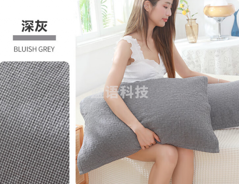 沐凡 纯棉枕巾一对装 全棉纱布加大加厚枕头巾 日式格深灰（对）