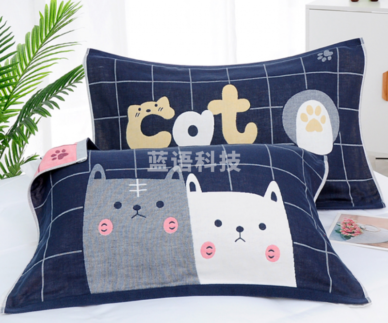 沐凡 枕巾纯棉加大加厚 四层纱布枕巾 格子猫78*53cm（对）