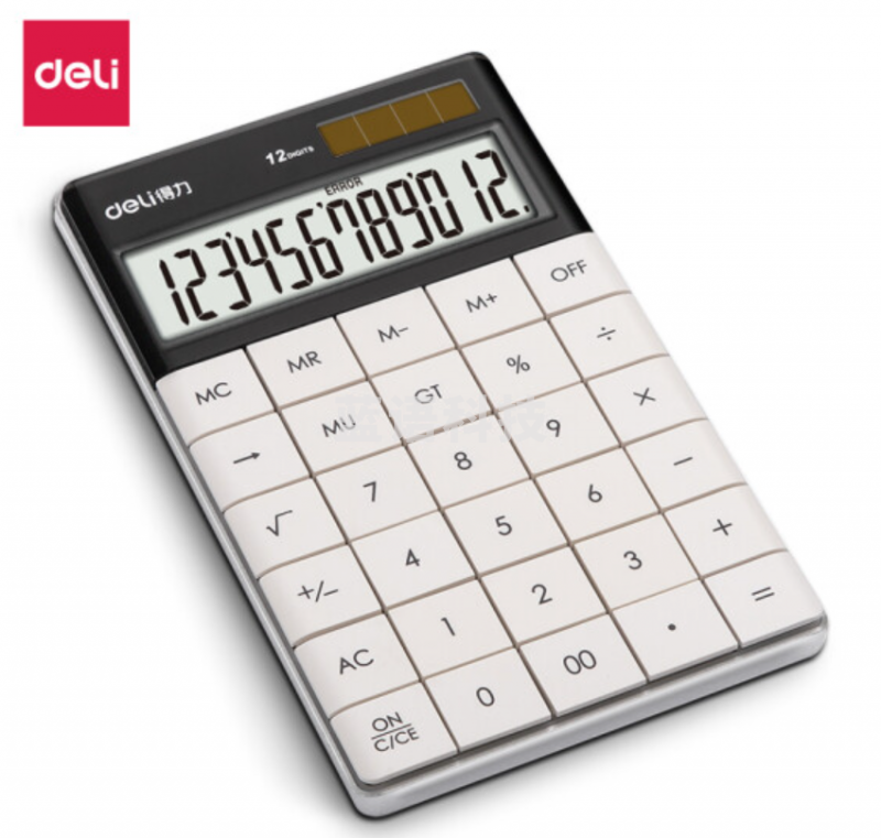 得力(deli)双电源时尚计算器 轻薄机身平板按键桌面计算机 白色1589