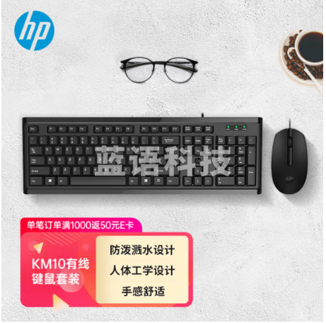 惠普(HP)KM10键鼠套装 有线办公键盘鼠标套装 USB全尺寸键盘 笔记本台式机通用键盘鼠标套装 黑色