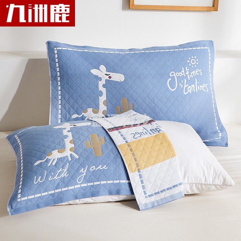 九洲鹿 枕巾 纯棉三层纱枕巾全棉加大枕头巾 小鹿-蓝 52*78cm（一对装）