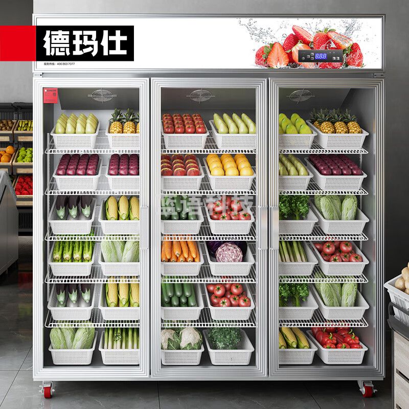 德玛仕 DEMASHI 水果蔬菜保鲜柜商用 大容量玻璃展示冷藏冰柜 三门立式厨房冰箱 六层1200L风冷无霜LG-1300F