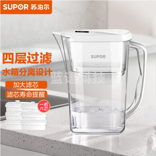 苏泊尔(SUPOR)J-UF01 过滤净水器 家用滤水壶 自来水过滤器净水壶(白色)一壶六芯