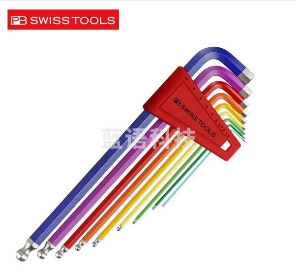 PB SWISSTOOLS瑞士彩色公制加长球头内六角扳手套装进口英制六角螺丝刀维修工具 212.LH-10RB彩色长球头9件套