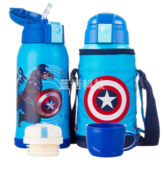 迪士尼(DISNEY)儿童保温杯带吸管直饮男女小学生宝宝喝水杯子双盖壶600ml美队