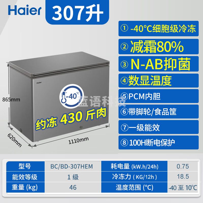 海尔（Haier）冰柜-40度超低温307升商用大容量一级冷柜 BC/BD-307HEM