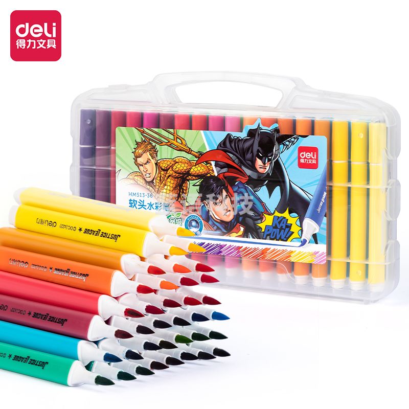 得力HM513-36_PP盒装正义联盟粗三角杆食品级软头水彩笔(混)(盒)