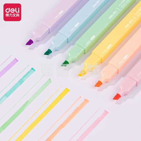 得力(deli)SK156 双头方杆柔彩荧光笔文具6色 考试复习重点标记笔彩色记号笔 软头荧光笔【马卡龙色系】6支/盒装