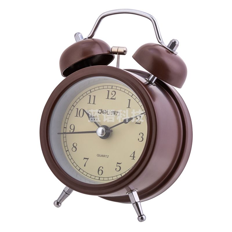 得力(deli)迷你复古机械闹钟 低噪音自带夜光 撞针响铃 家庭卧室床头闹钟 学生启蒙闹钟 棕色9024