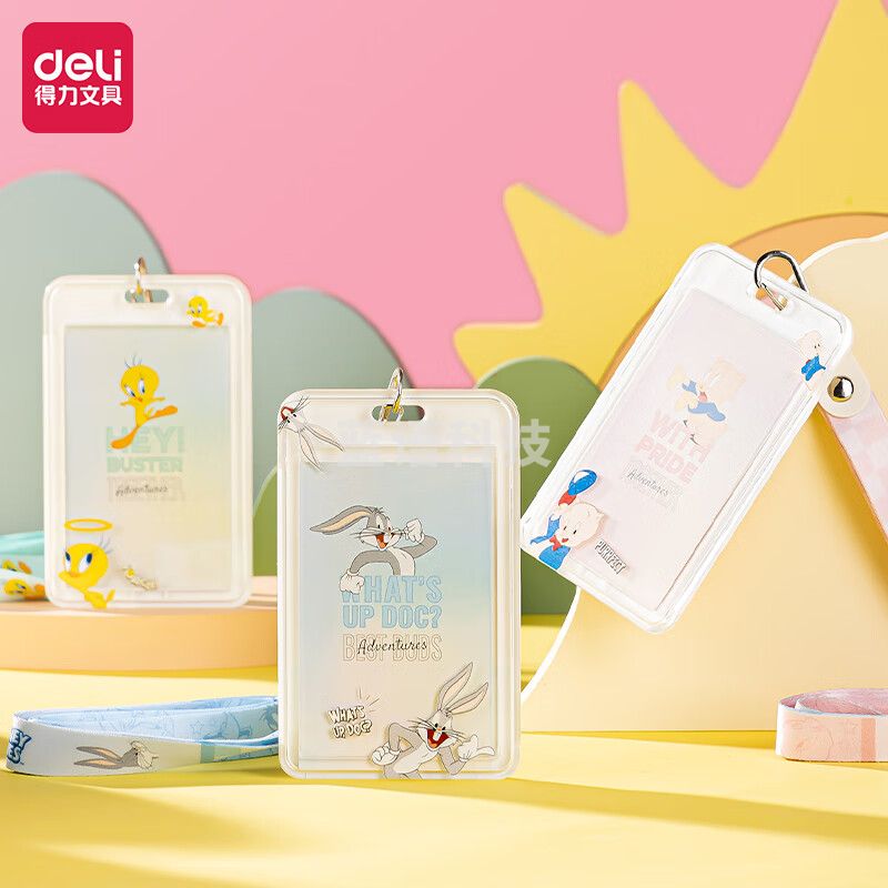 得力(deli) PZ101竖式证件卡套 兔八哥系列 棉挂绳长绳款 混色单只装