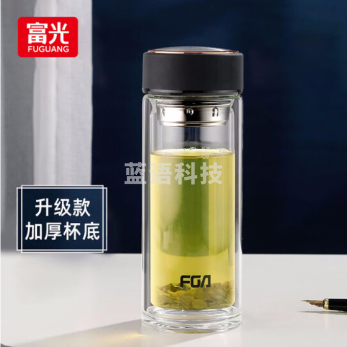 富光玻璃杯 男女士双层茶水分离杯带茶隔水杯子 泡茶杯500ML雅黑 加厚杯底
