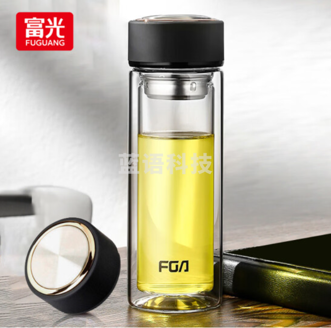 富光 男女士双层玻璃杯 经典简约304杯子泡茶杯400ML黑