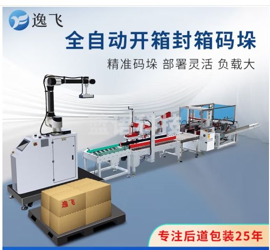 逸飞全自动开箱装箱封箱码垛一体流水线包装生产线纸箱堆码集装搬运【开箱机+折盖机+码垛机】