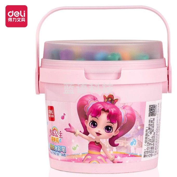 得力70740-36色桶装音乐公主短圆杆水彩笔 儿童可水洗画笔