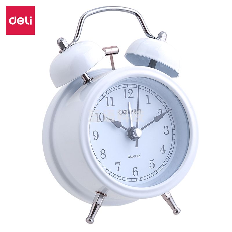 得力(deli)迷你复古机械闹钟 低噪音自带夜光 撞针响铃 家庭卧室床头闹钟 学生启蒙闹钟 白色9024