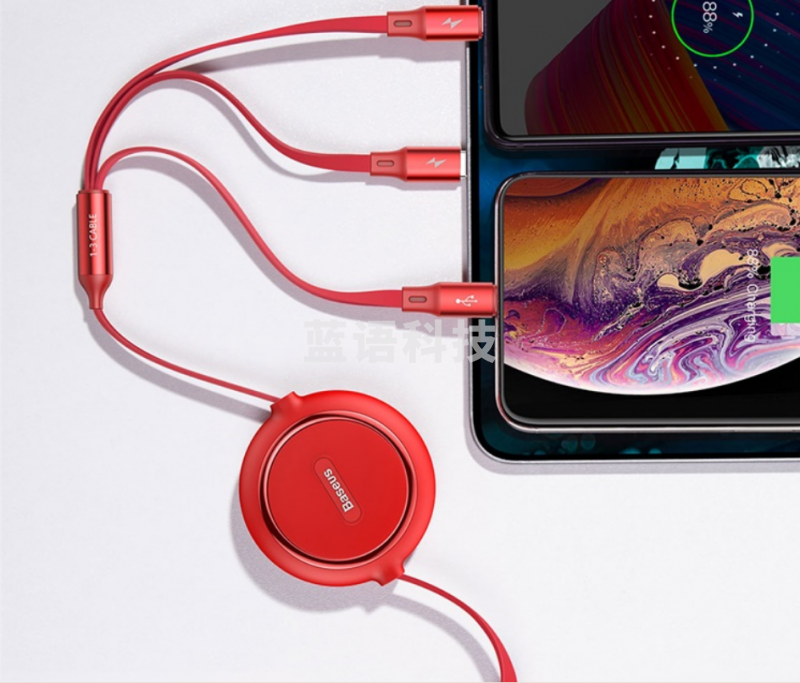 倍思 三合一伸缩数据线 苹果安卓type-c一拖三快充 适用iphone13/12/11/XR小米华为车载手机充电器线USB-M+L+T 1.2米红